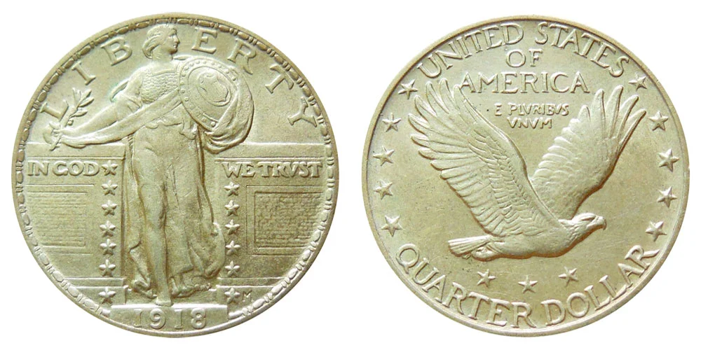 1918 Standing Liberty quarter obverse and reverse showing the full design, date, and S mint mark