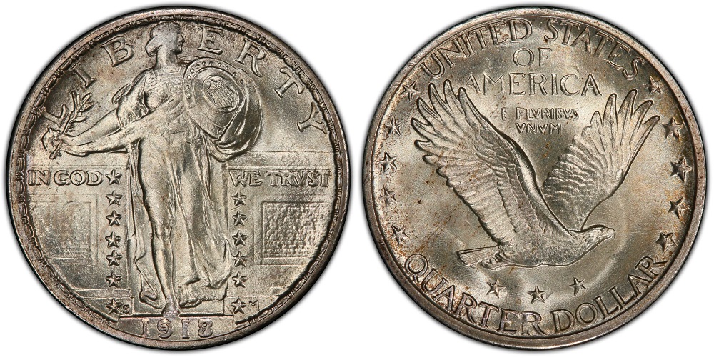 Side-by-side comparison of 1918-S quarter date versus 1918/7-S overdate showing the visible '7' beneath the '8'
