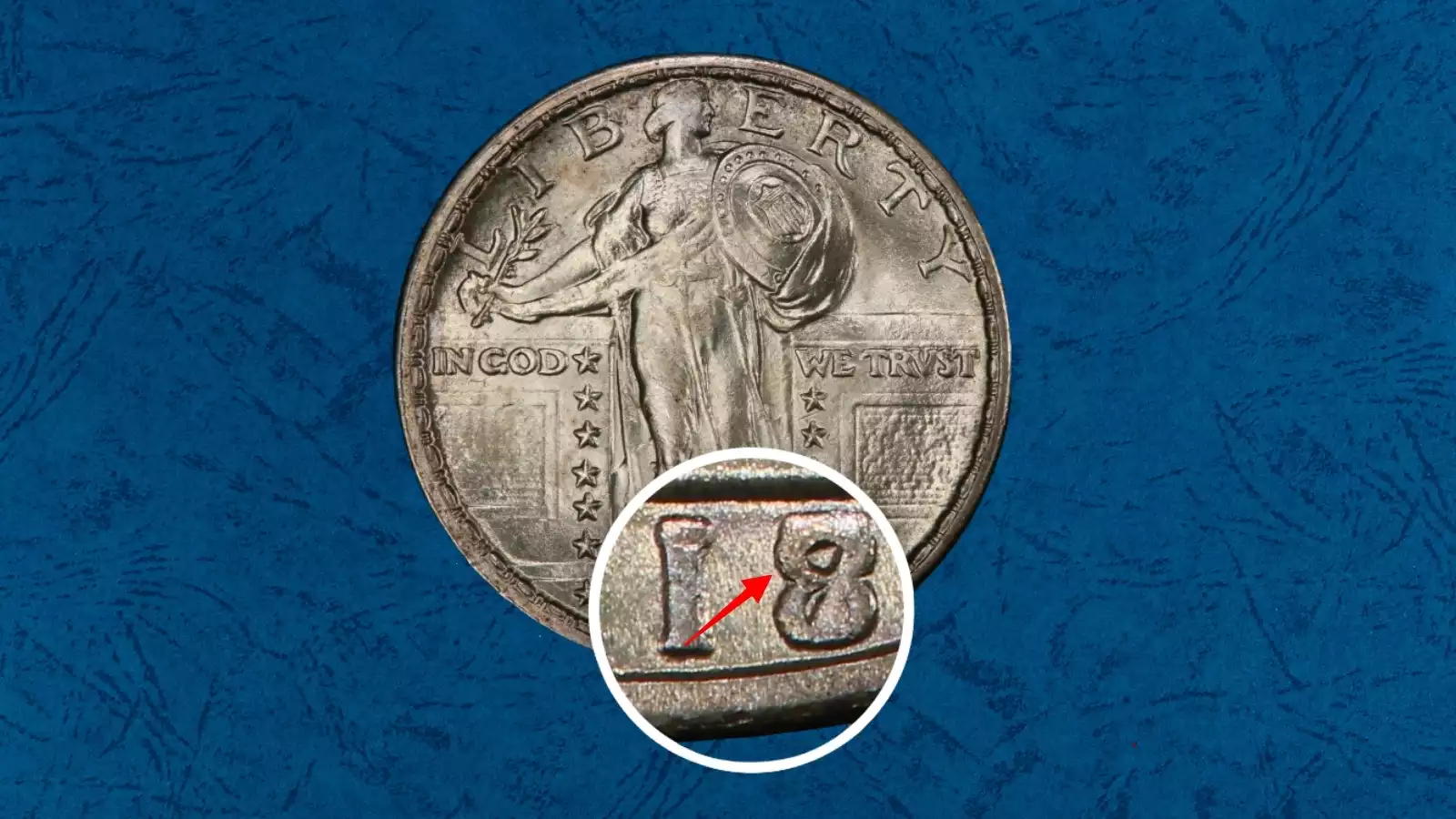 1918/7-S overdate quarter close-up showing the '7' underdigit visible beneath the '8' in the date under magnification