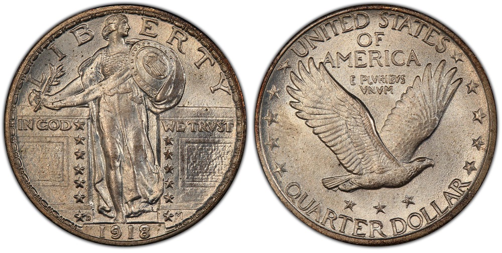 Comparison of 1918 Standing Liberty quarter head areas: left shows weak strike without Full Head, right shows Full Head with complete leaf sprigs and ear hole