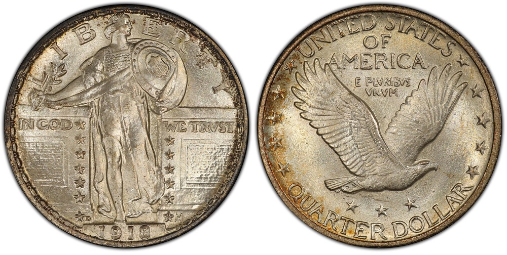 1918-D Standing Liberty quarter obverse showing characteristic strike weakness at Liberty's midsection, shield, and D mint mark
