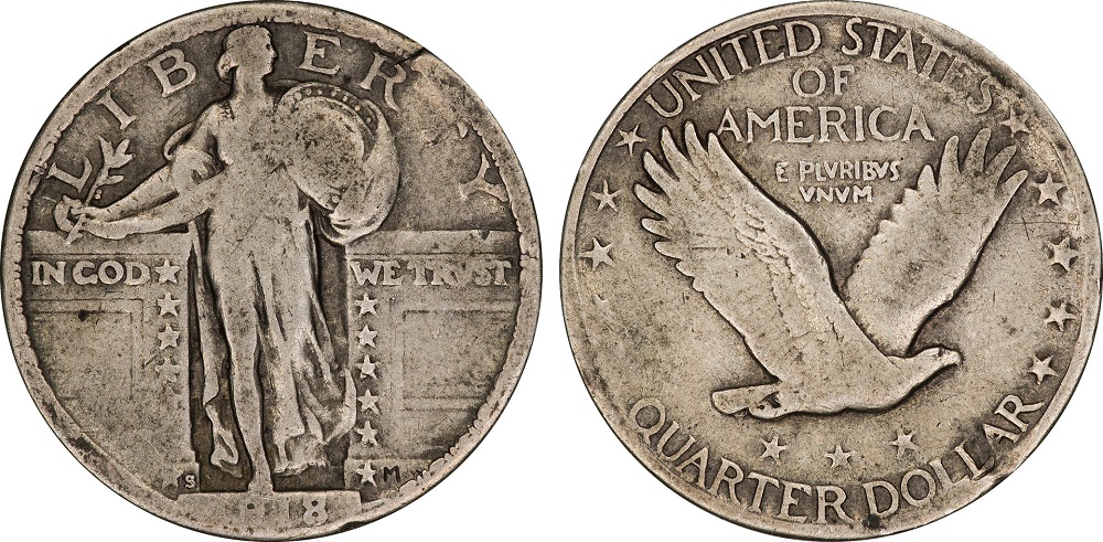 1918 Standing Liberty quarter obverse close-up showing die clash marks — reverse eagle ghost impressions visible in the obverse field