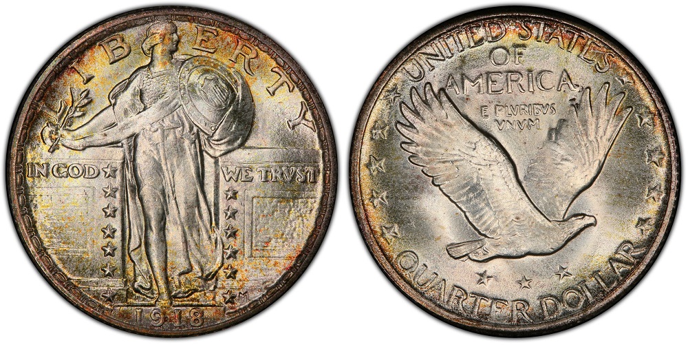 1918 Philadelphia Standing Liberty quarter obverse in mint state condition, showing original luster and design detail with no mint mark