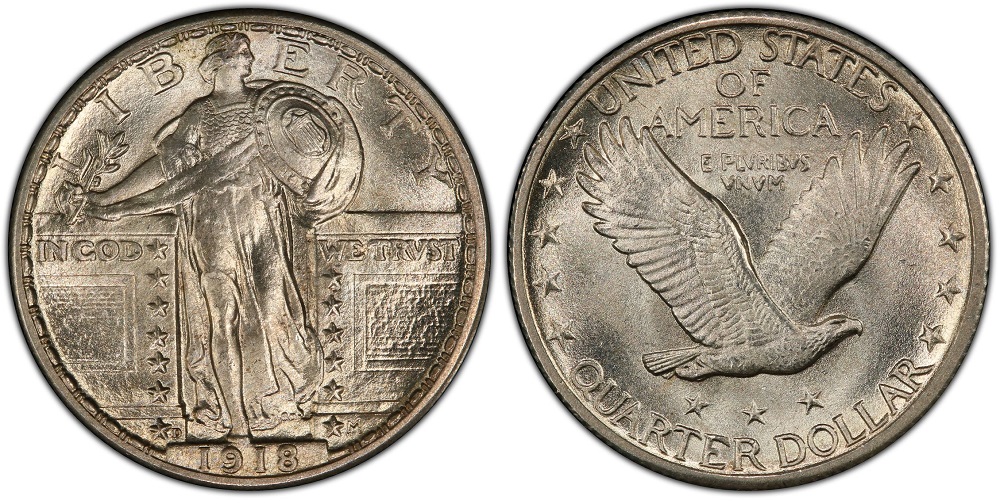 1918 Standing Liberty quarter grading strip showing four examples from Good condition through Mint State, demonstrating how wear affects value